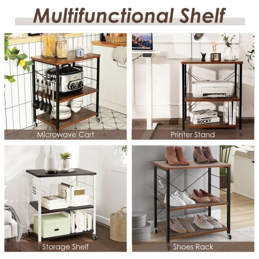 3-Tier Kitchen Baker's Rack Microwave Oven Storage Cart with Hooks-Rustic Brown - Color: Rustic Brown