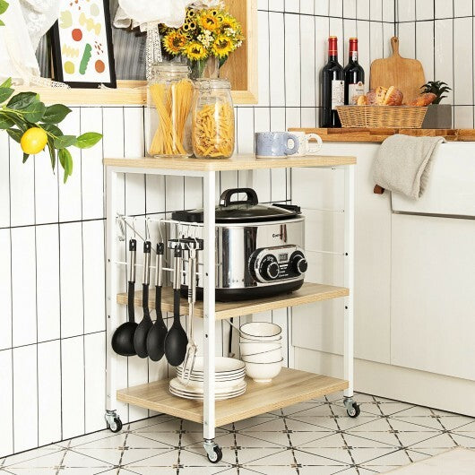 3-Tier Kitchen Baker's Rack Microwave Oven Storage Cart with Hooks-Light Brown - Color: Light Brown