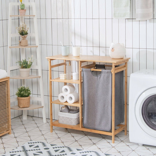 Bamboo Laundry Hamper Stand with Removable Sliding Bag and 3-Tier Open Shelves - Color: Natural