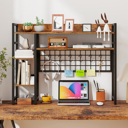 4-Tier Desk Shelf Desktop Display Rack with Metal Grid Panel and 6 Hooks-Black