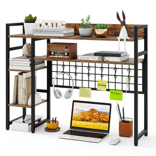 4-Tier Desk Shelf Desktop Display Rack with Metal Grid Panel and 6 Hooks-Black