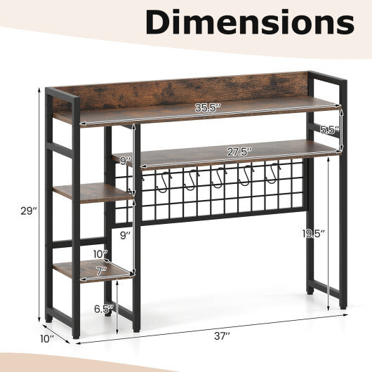 4-Tier Desk Shelf Desktop Display Rack with Metal Grid Panel and 6 Hooks-Black