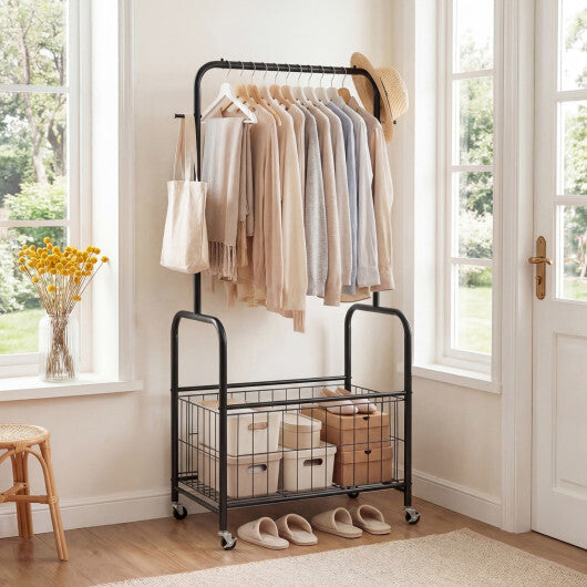 Rolling Metal Clothes Rack with Hanging Rod and Storage Basket-Black