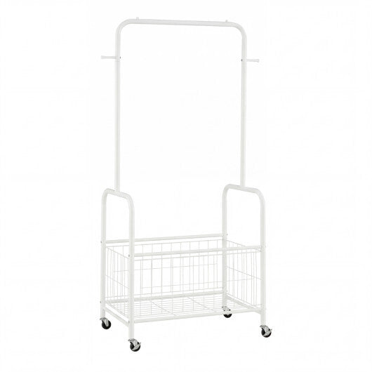 Rolling Metal Clothes Rack with Hanging Rod and Storage Basket-Black