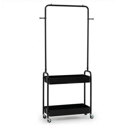 Heavy-Duty Laundry Cart with Hanging Rod and 2 Storage Baskets for Bedroom-Black
