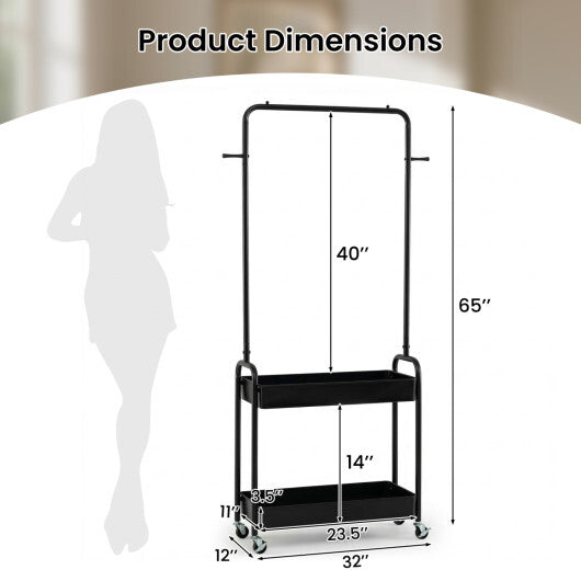 Heavy-Duty Laundry Cart with Hanging Rod and 2 Storage Baskets for Bedroom-Black