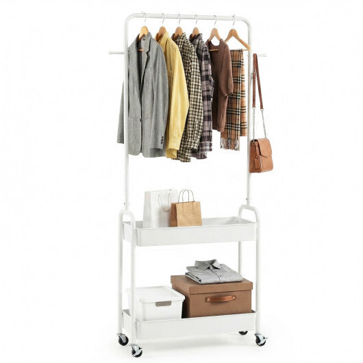 Heavy-Duty Laundry Cart with Hanging Rod and 2 Storage Baskets for Bedroom-Black