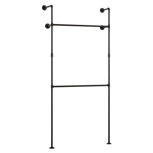 Wall Mounted Pipe Clothing Rack with 2 Hanging Rods-Black