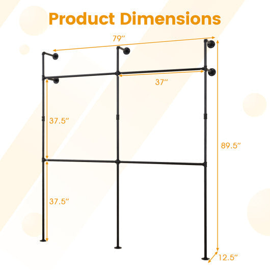 Wall Mounted Pipe Clothing Rack with 4 Hanging Rods-Black