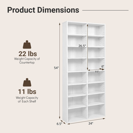 16 Compartment CD Storage Unit 54" Freestanding Open Display Shelf with 12 Removable Shelves-White