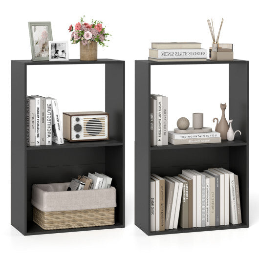 Set of 2 3-Tier Bookshelf with Open Storage Compartment and Freestanding Display Shelf-Black