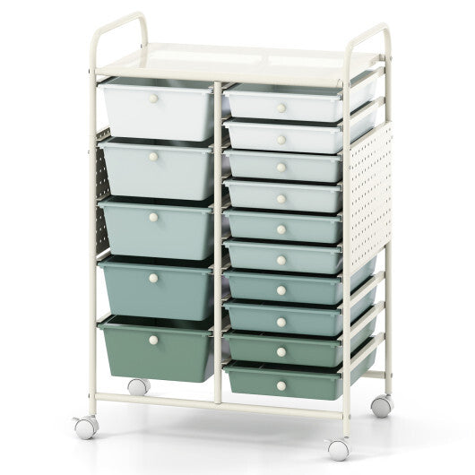 15-Drawer Rolling Storage Cart with Metal Tabletop and Pegboard-White