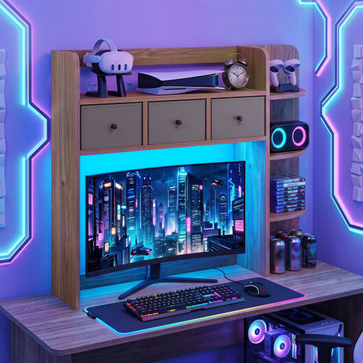 Desktop Bookshelf with LED Lights 5-Tier Shelves and 3 Drawers for Home Officce-Brown