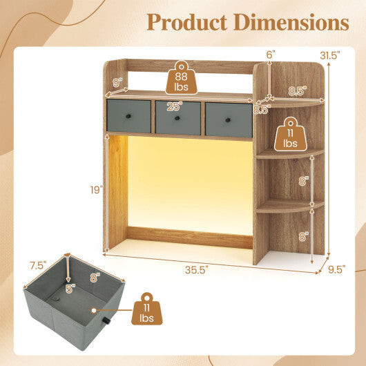Desktop Bookshelf with LED Lights 5-Tier Shelves and 3 Drawers for Home Officce-Brown