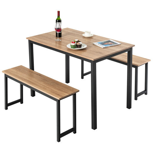 3 Pieces Dining Table Set with 2 Benches for Dining Room Kitchen Bar-Brown