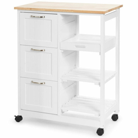 Kitchen Island Cart on Wheels with Rubber Wood Top and 3 Drawersand Removable Tray-Gray