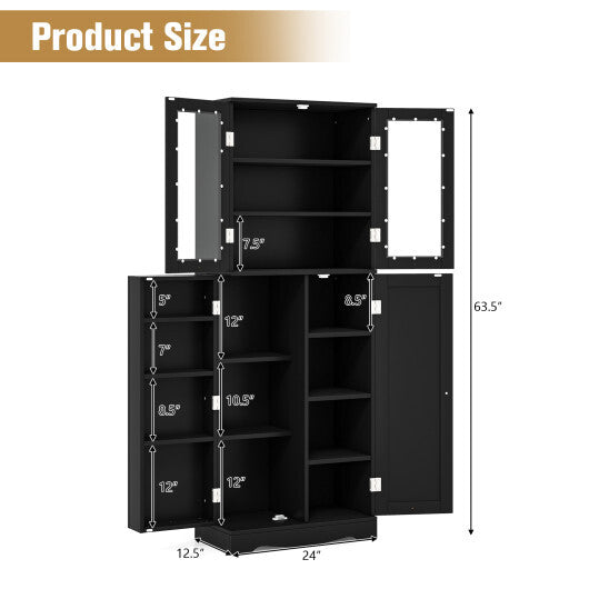 Tall Kitchen Pantry Cabinet with Dual Tempered Glass Doors and Shelves-Black