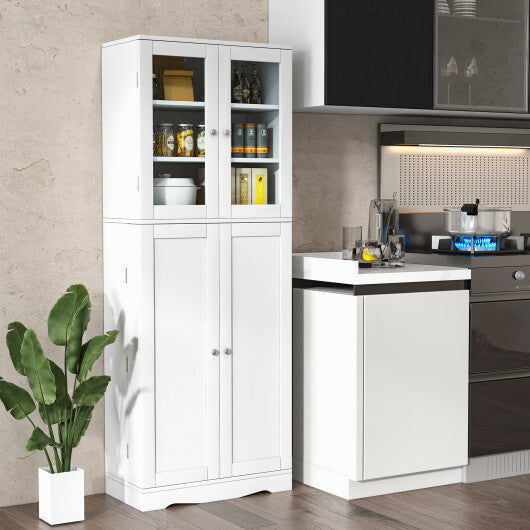 Tall Kitchen Pantry Cabinet with Dual Tempered Glass Doors and Shelves-Black