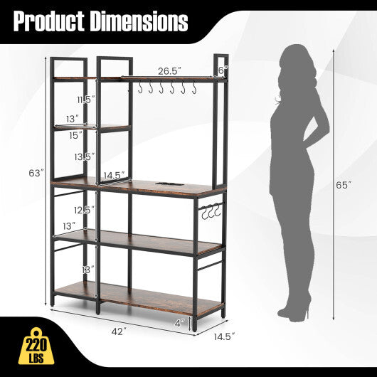 5-Tier Bakers Rack with Power Outlets and 10 S-Shaped Hooks-Rustic Brown