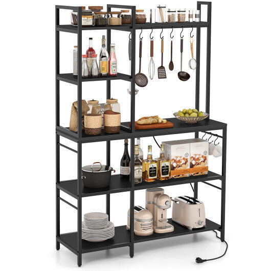 5-Tier Bakers Rack with Power Outlets and 10 S-Shaped Hooks-Rustic Brown