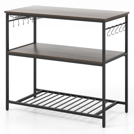 Kitchen Island with 3 Shelves Wine Glass Holders and 10 Hooks-Gray