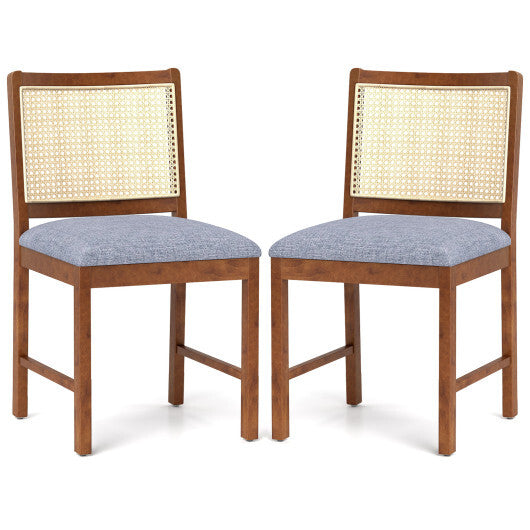 Rattan Dining Chair Set of 2 with Rubber Wood Frame and Linen Fabric Padded Seat-Walnut