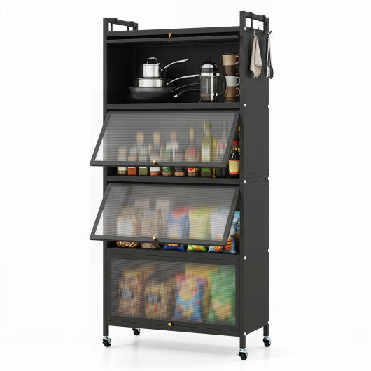 5-Tier Kitchen Storage Cabinet with 4 Flip-up PC Doors Adjustable Feet and Rolling Wheels-White