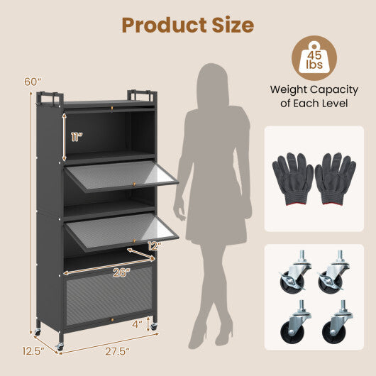 5-Tier Kitchen Storage Cabinet with 4 Flip-up PC Doors Adjustable Feet and Rolling Wheels-White