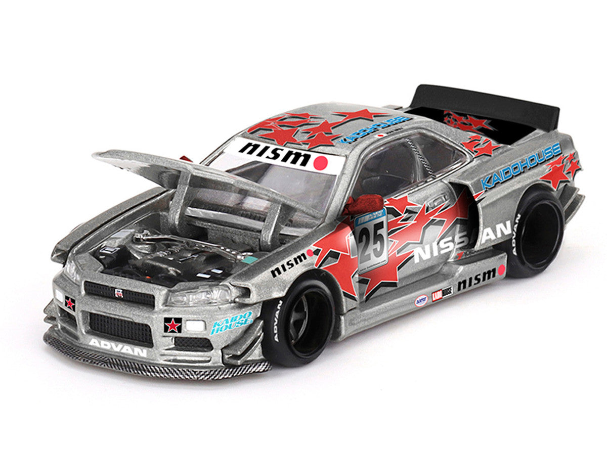 Nissan Skyline GT-R (R34) "Kaido Star Racing V1" RHD (Right Hand Drive) #25 Gray Metallic with Black Hood and Graphics (Designed by Jun Imai) "Kaido House" Special 1/64 Diecast Model Car by Mini GT