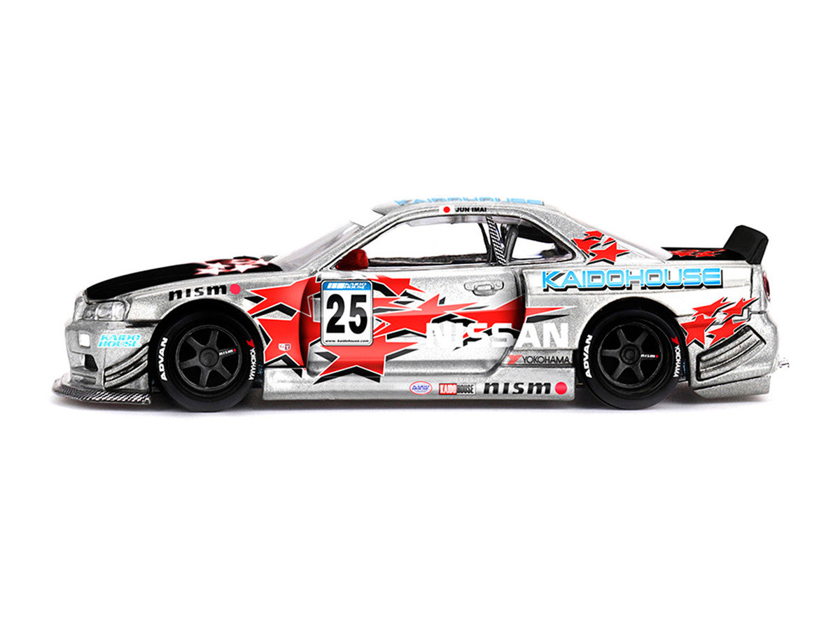 Nissan Skyline GT-R (R34) "Kaido Star Racing V1" RHD (Right Hand Drive) #25 Gray Metallic with Black Hood and Graphics (Designed by Jun Imai) "Kaido House" Special 1/64 Diecast Model Car by Mini GT