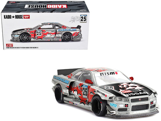 Nissan Skyline GT-R (R34) "Kaido Star Racing V1" RHD (Right Hand Drive) #25 Gray Metallic with Black Hood and Graphics (Designed by Jun Imai) "Kaido House" Special 1/64 Diecast Model Car by Mini GT