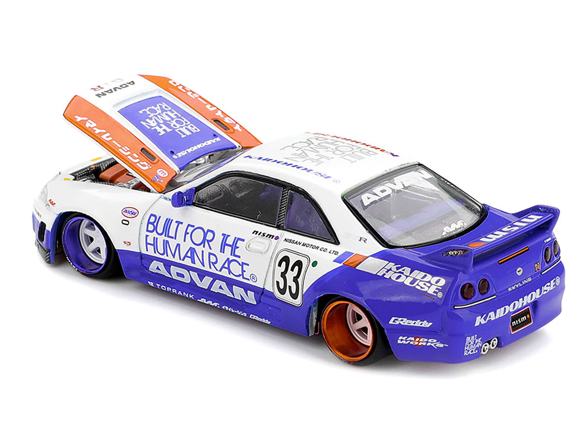 Nissan Skyline GT-R (R33) RHD (Right Hand Drive) #33 "BFTHR V1" Blue and White with Graphics (Designed by Jun Imai) "Kaido House" Special 1/64 Diecast Model Car by Mini GT