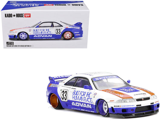 Nissan Skyline GT-R (R33) RHD (Right Hand Drive) #33 "BFTHR V1" Blue and White with Graphics (Designed by Jun Imai) "Kaido House" Special 1/64 Diecast Model Car by Mini GT