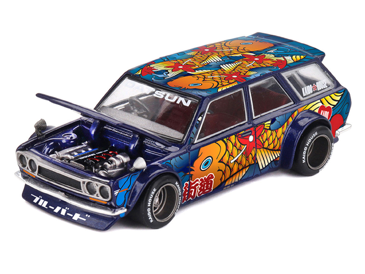 Datsun Kaido 510 Wagon RHD (Right Hand Drive) "Koi Wagon V1" Blue with Koi Fish Graphics (Designed by Jun Imai) "Kaido House" Special 1/64 Diecast Model Car by Mini GT