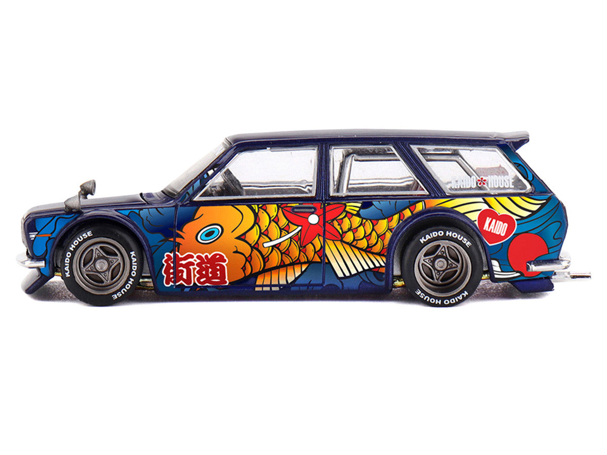 Datsun Kaido 510 Wagon RHD (Right Hand Drive) "Koi Wagon V1" Blue with Koi Fish Graphics (Designed by Jun Imai) "Kaido House" Special 1/64 Diecast Model Car by Mini GT