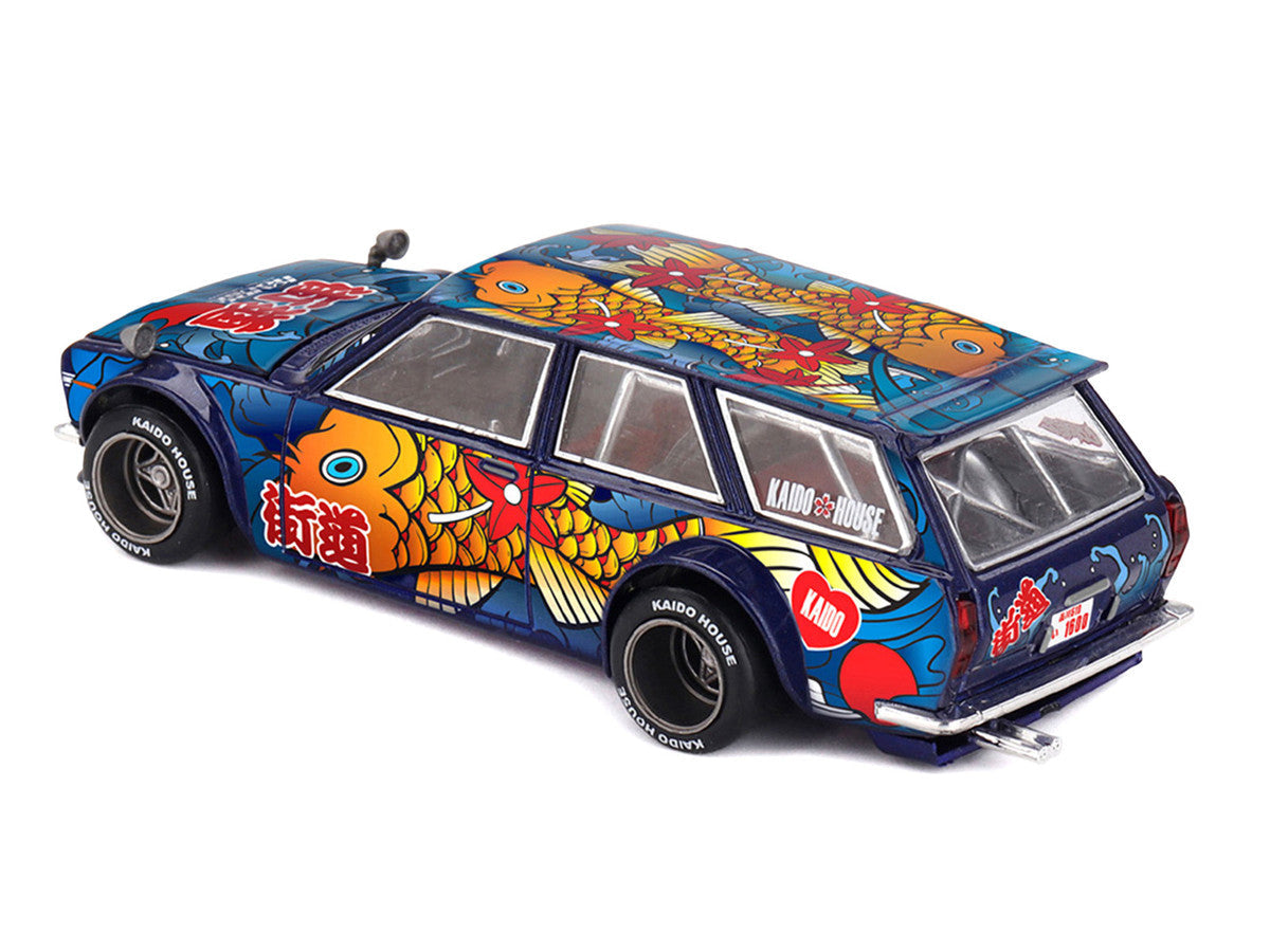 Datsun Kaido 510 Wagon RHD (Right Hand Drive) "Koi Wagon V1" Blue with Koi Fish Graphics (Designed by Jun Imai) "Kaido House" Special 1/64 Diecast Model Car by Mini GT