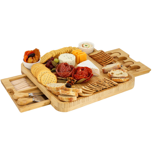 MegaChef Bamboo Charcuterie Cheese Board Set with Ramekins and Slide Out Cutlery Drawer