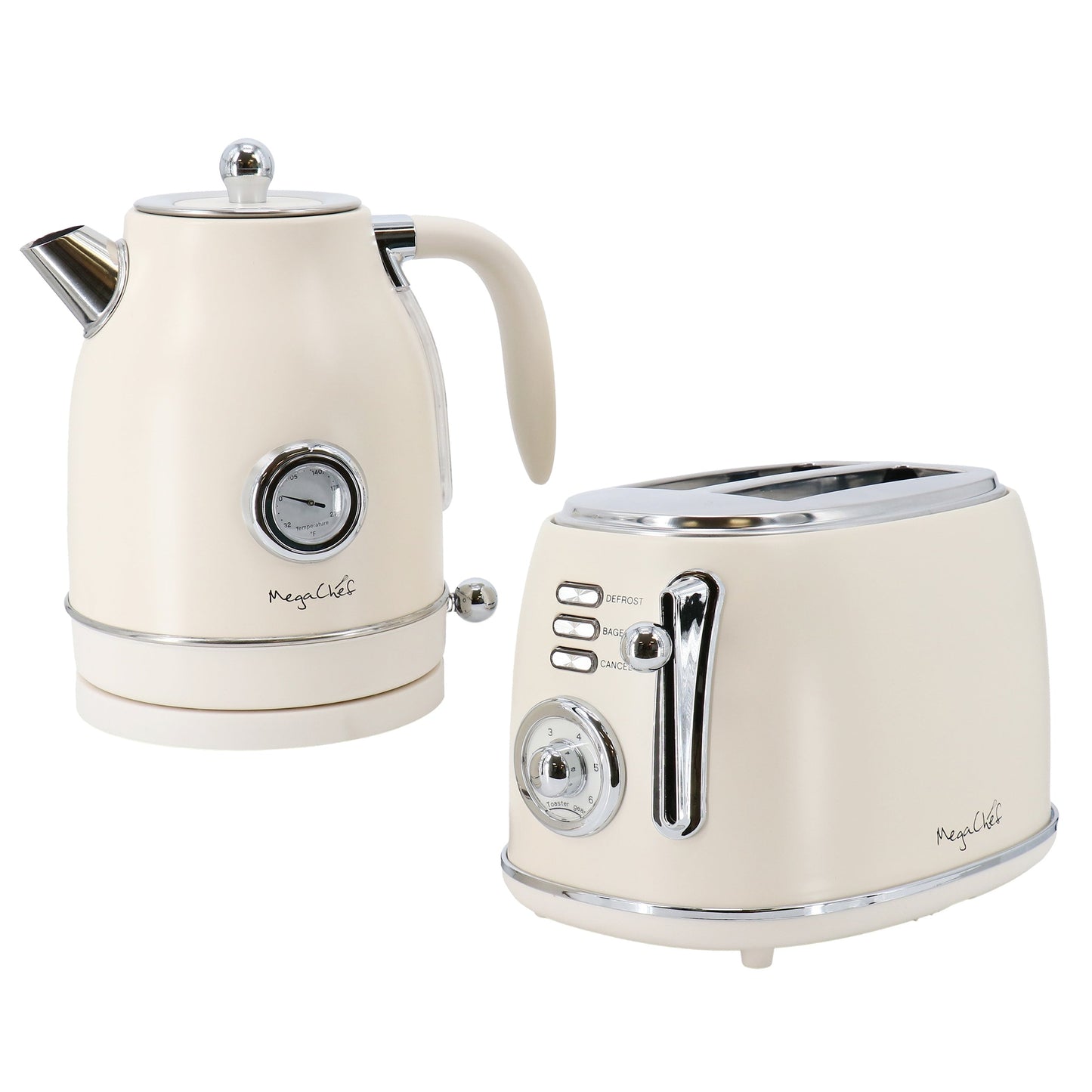 MegaChef 1.8 Quart Electric Tea Kettle and 2 Slice Toaster Combo in Matte Cream