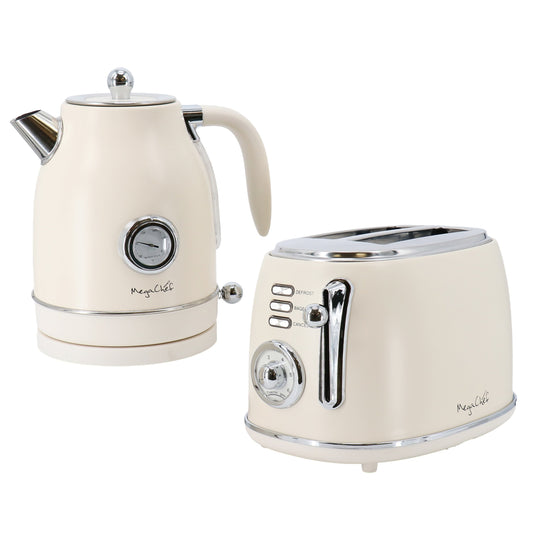 MegaChef 1.8 Quart Electric Tea Kettle and 2 Slice Toaster Combo in Matte Cream