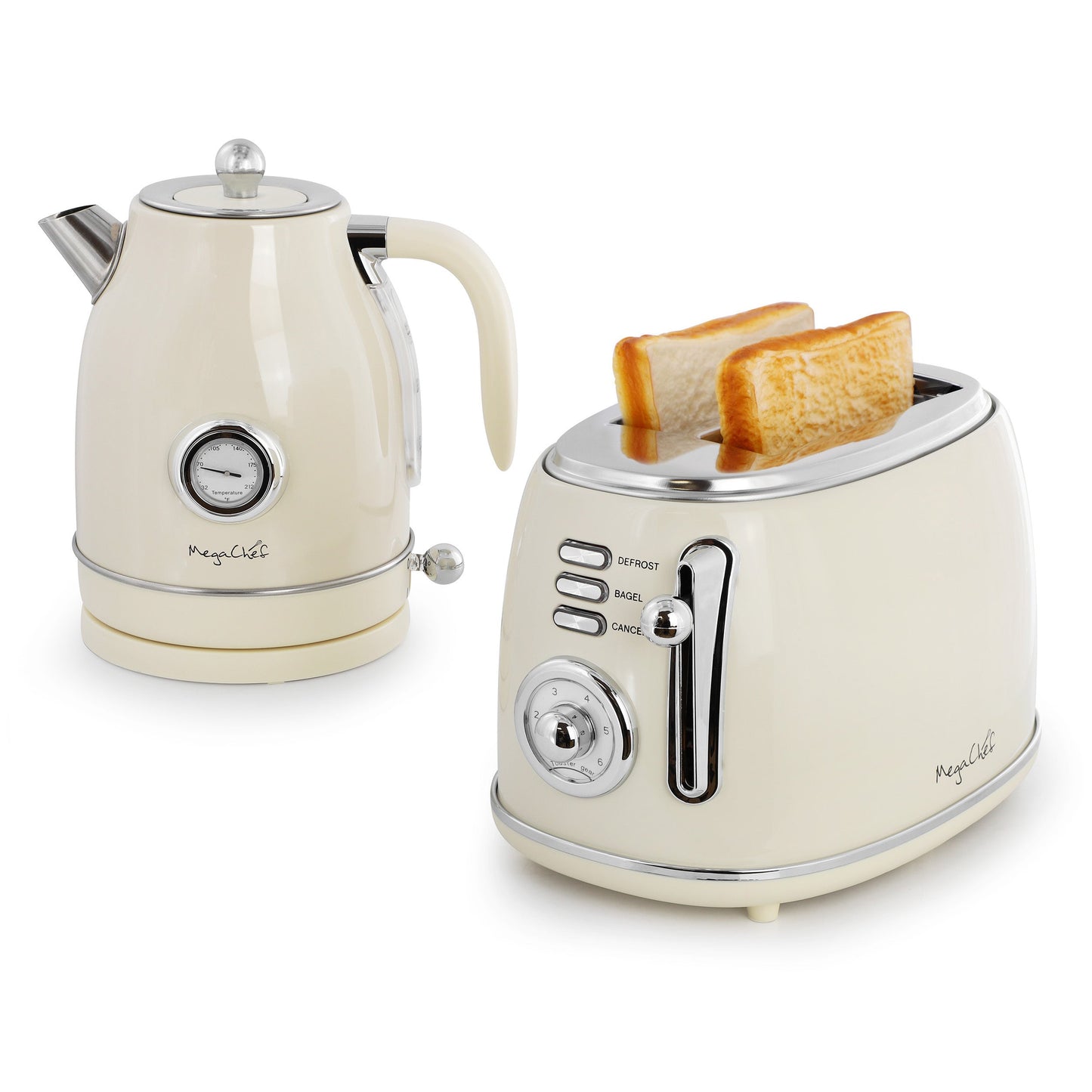 MegaChef 1.8 Quart Electric Tea Kettle and 2 Slice Toaster Combo in Gloss Cream