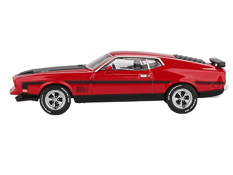 1971 Ford Mustang Mach 1 Race Red with Black Hood and Stripes Limited Edition 1/64 Diecast Model Car by Mini GT