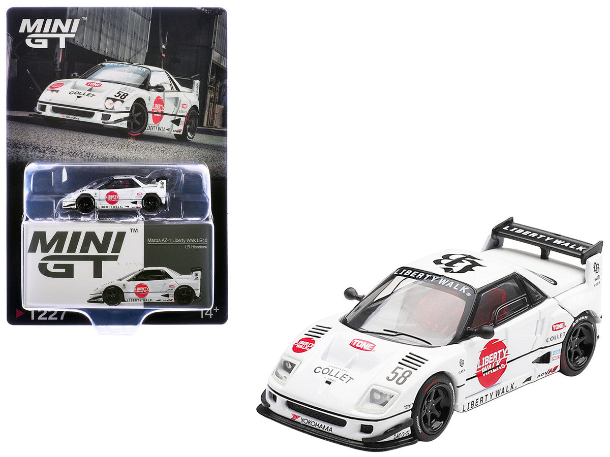 Mazda AZ-1 Liberty Walk LB40 RHD (Right Hand Drive) #58 "LB-Hinomaru" White with Graphics and Red Interior Limited Edition 1/64 Diecast Model Car by Mini GT