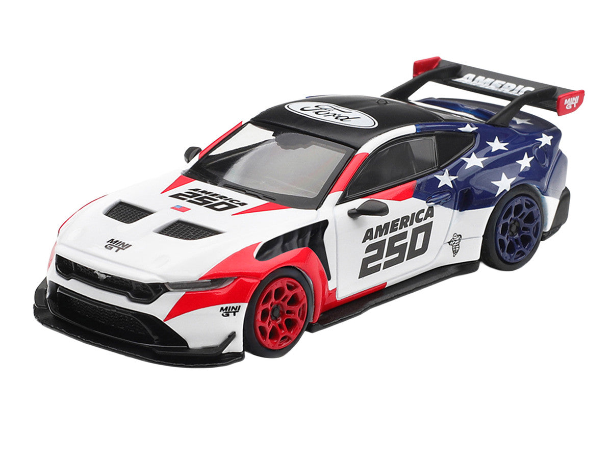 Ford Mustang GTD "America 250 - USA Exclusive" White with American Flag Graphics Limited Edition 1/64 Die Cast Model Car by Mini GT
