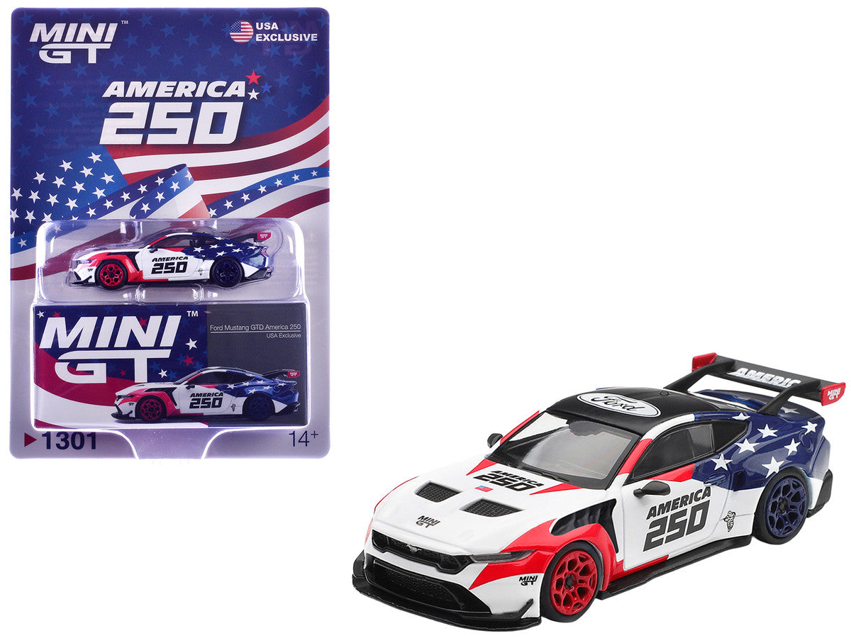 Ford Mustang GTD "America 250 - USA Exclusive" White with American Flag Graphics Limited Edition 1/64 Die Cast Model Car by Mini GT