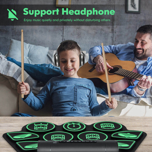 Electronic Drum Set with 2 Build-in Stereo Speakers for Kids-Green - Color: Green