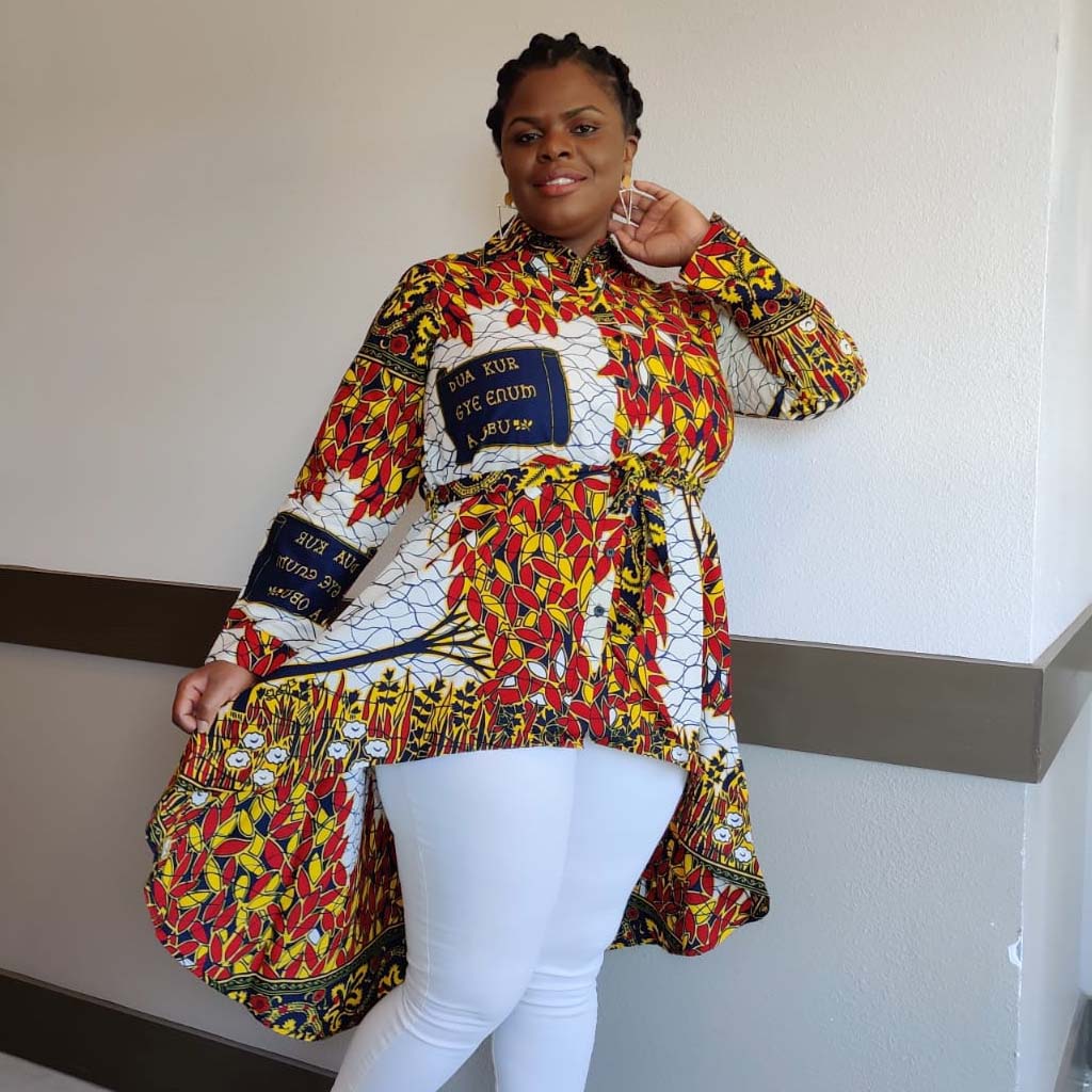 Kente African Print High Low Button up Shirt (White Red honey )