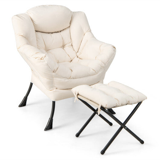 Modern Accent Sofa Chair with Folding Footrest and Side Pocket-Beige
