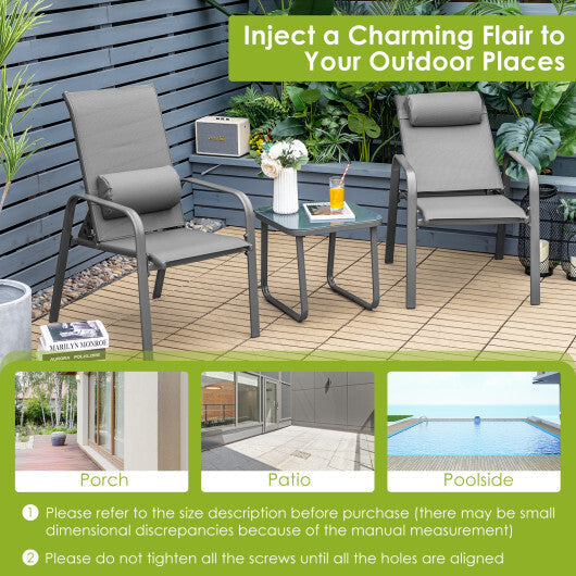 3 Pieces Patio Bistro Furniture Set with Adjustable Backrest-Black