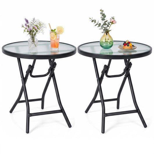 Set of 2 Round Patio Side Table with Tempered Glass Top-Black