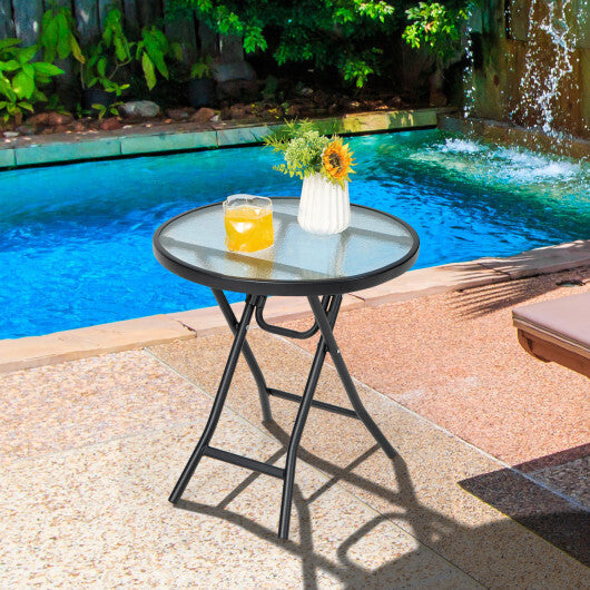 Set of 2 Round Patio Side Table with Tempered Glass Top-Black
